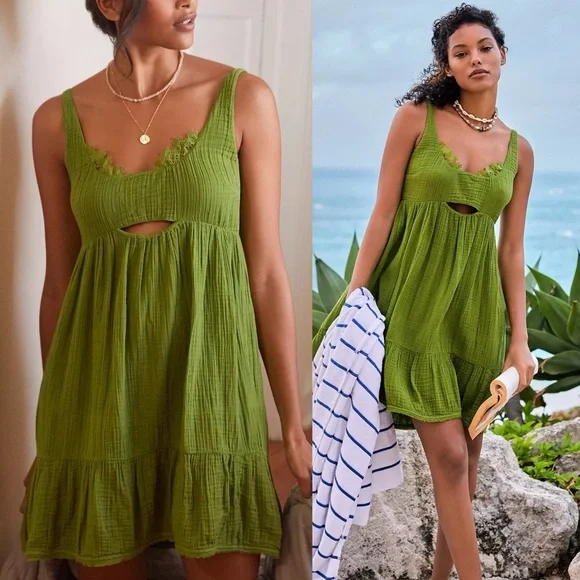ANTHROPOLOGIE Tiered Gauze Mini Dress Green - Picture 3 of 7